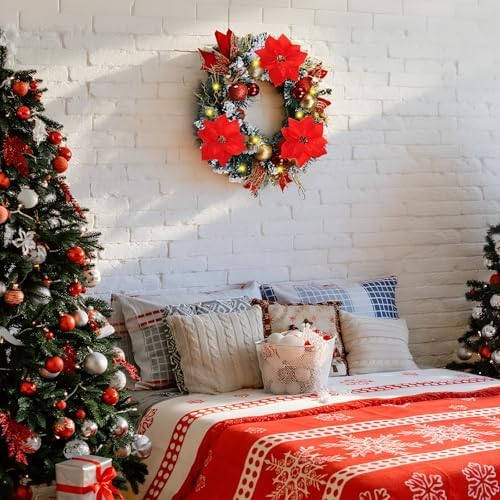 Knitgrip Red Poinsettia Pre-Lit Christmas Wreaths for Front Door - Image 6