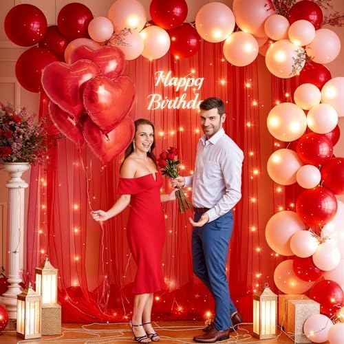 30x10ft Red Tulle Backdrop Curtain with Lights String for Parites, Sheer Backdrop Curtains for Wedding Baby Shower Birthday Party Photo Shoot Decorations - Image 4