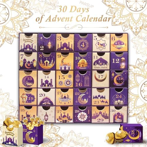 Ramadan Advent Calendar with Drawers, 30 Empty Boxes for 30 days, Eid Mubarak Coutdown Calendar Fillable Ramadan Gift, Islamic Art, Cardboard Number Storage Box, Ramadan Party Supplies - Purple - Image 3