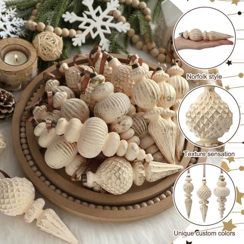 Yunlly 18 Pcs Neutral Christmas Ornaments Ivory Xmas Tree Decor - Image 4