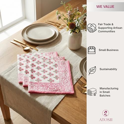 ATOSII Cotton Blockprint Cloth Napkins, Gulbahar Pink, Set of 4, 20" X 20" - Image 5
