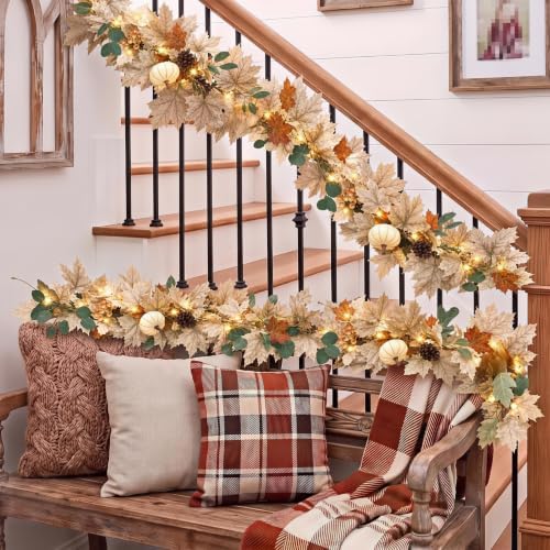 2 Pack 6 Ft Fall Leaves Garland Decor with Lights Pumpkins Pine Cone Berry - Image 5
