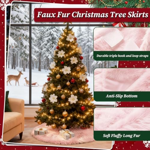 36 Inch Pink Faux Fur Christmas Tree Skirt Plush Xmas Tree Base Cover - Image 2