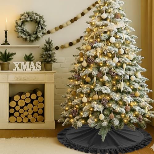 Velvet Christmas Tree Skirt, 60 Inches Black Ruffled Velvet Christmas Tree Skirt,Rustic Vintage Xmas Tree Skirt for Party Decorations - Image 5