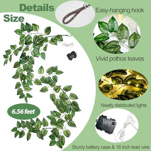 6.56FT Green Vines Garland with Lights 96 LED Battery Operated with Timer Faux Photos Vines Twig with Lights Spring Garlands Decortions for Mantel Fireplace Table Wall Patio Wedding Holiday Home Decor - Image 2