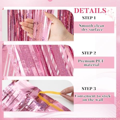 Breling 8 Pcs Iridescent Pink Ceiling Fringe Curtains, Foil Drapes, 15 ft - Image 3