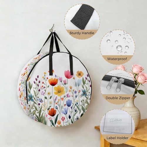 Spring Watercolor Round Storage Bag 36 Inch, Flower Green Leaves Plant Rustic Clothes Storage Container with Handles Heavy Duty Organizer for Comforter, Bedding & Holiday Wreaths - Image 5