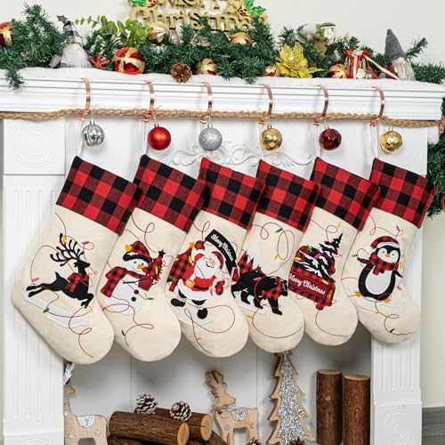 LUBOT Christmas Stockings Set of 6 Large Family Xmas Stocking 20" Silhouette Buffalo Red Plaid Fireplace Hanging Holiday Decor 6 Pack by LUBOT
