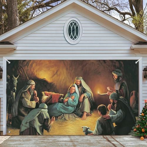 Christmas Garage Door Mural Decorations, Holy Night Outdoor Nativity Large Cover, 6.6x5ft Xmas Banner Backdrop, Outdoor Party Supply Background (A) by Unknown
