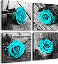 4-Piece Teal Rose Canvas Wall Art Decor 12x12in Framed Artwork for Bathroom by JiazuGo