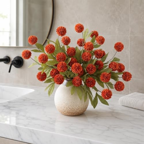 12Pcs 27"Artificial Fall Pompon Mum Stem Silk Flower for Vase Decor(Orange) - Image 4