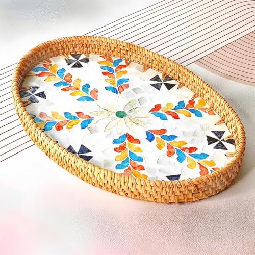 i-lan 3-Pack Oval Rattan Serving Trays with Mother of Pearl Inlay, 13/12/11 Inch Woven Platters for Home Decor, Coffee Table, Display, and Entertaining - Image 3