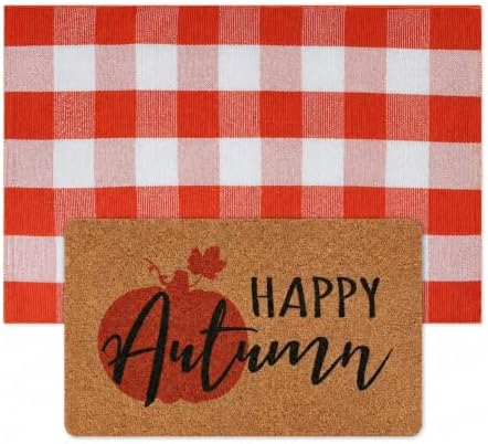 2-Piece Fall Front Door Mat Set, Layered Coir & Orange White Plaid Mats - Image 5