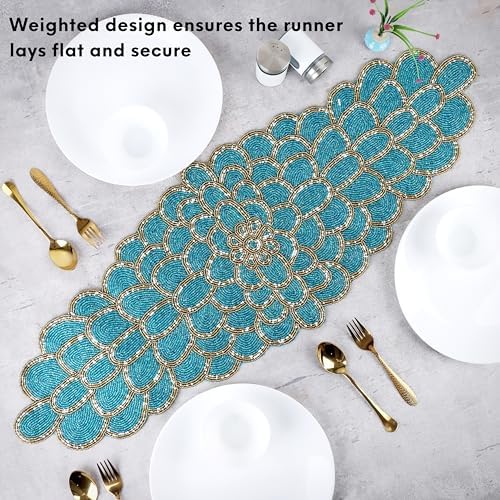 CLEENTABLE Beaded Table Runner, Blue & Gold, 13x36 - Image 5