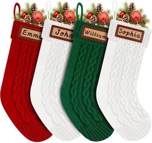 Personalized Christmas Stockings Knitted Set of 4: 18'' Large Knit Family Christmas Stocking Custom Name with Leather Patches White Red Green Bulk Xmas Stocking Hanging Decorations for Home Party by Dreampark