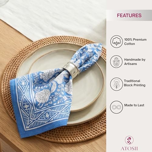 ATOSII Azora Blue 100% Cotton Fall Cloth Designer Dinner Napkins, Handblock Print, Washable Durable Linen for Everyday Use Wedding Parties Outdoors Christmas Thanksgiving I 20 X 20 Inches I Set of 4 - Image 4