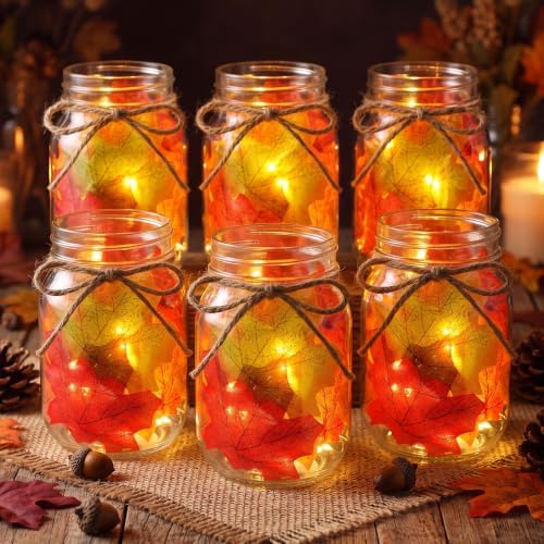 6 Pack DIY Fall Mason Jar Lantern Craft Kit, LED Lights & Maple Leaves by Chunful