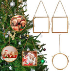 Qunclay 6 Pcs 3.2” Christmas Brass Picture Frame Ornaments Square Round Christmas Metal Double Glass Hanging Photo Frame with Metal Chain for Xmas Tree Decorations(Gold) by Qunclay
