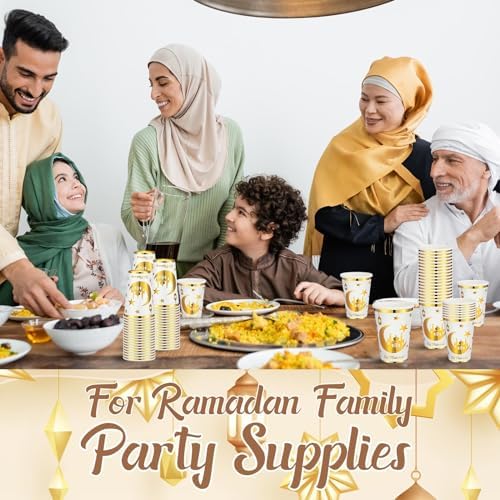 Domensi 100 Pack Eid Mubarak Paper Cups Gold Foil Disposable, White - Image 5