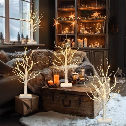 PABIPABI Lighted Birch Tree, Christmas Tree with 24 LED Lights, Tabletop Centerpiece Artificial Tree Lights with Timer for Home Office Bedroom Wedding - Set of 4 - Image 6
