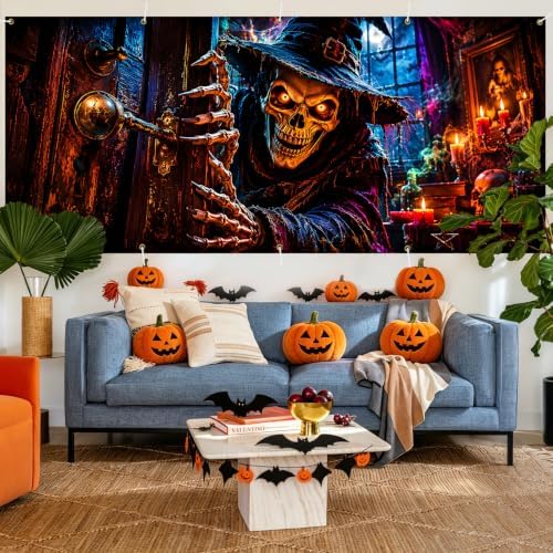 Gothic Halloween Garage Door Banner 7x16ft, Spooky Skeleton Wizard Opening Door Outdoor Decoration, Witch Hat Demon Claws Double Garage Door Cover Tapestry Mural for House Front Holiday Decor - Image 7