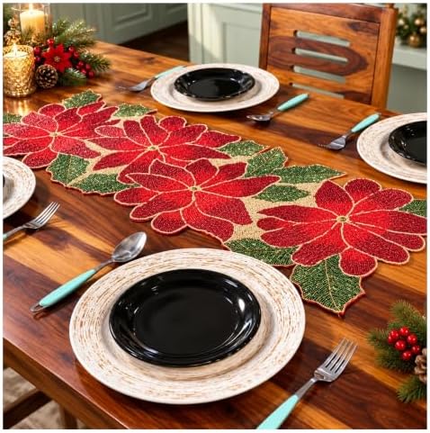 Beaded Table Runner 13x36 Inch Handmade Decorative Dining Table Runner, Red Green Gold Poinsettia Design, Luxury Glass Beaded Runner for Christmas, Holiday & Farmhouse Table Decor by byHomeDecorativeProduct