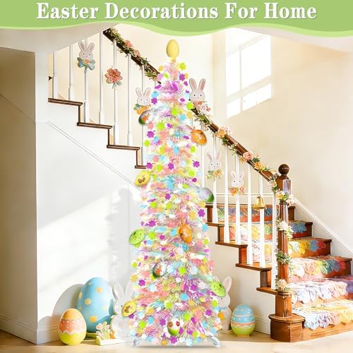 Timer - Easter Decorations, 5Ft Lighted Easter Tree with 50 LED Warm White Lights 12 Colorful Eggs Ornaments Battery Operated Easter Egg Tree Pop Up Tinsel Collapsible Tree for Home Porch Office Party - Image 5