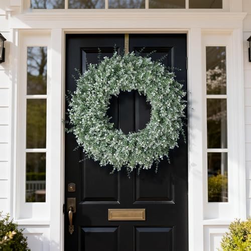 32" Large Artificial Eucalyptus Wreath for Front Door Decor (White-Green) - Image 2