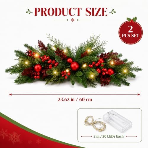 Yalikop 2 Pcs 24.5 Inch Christmas Swags with Light, Ball and Berry - Image 2