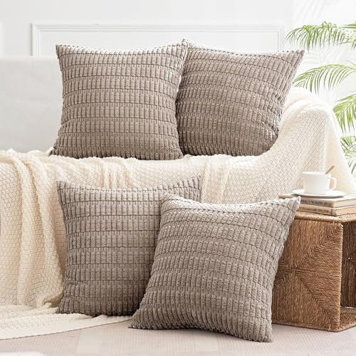 All Smiles Decorative Throw Pillow Covers 26x26 Set of 4 Brown Thanksgiving Farmhouse Home Corduroy Square Cushion Case for Decor Living Room Couch Bed Sofa by AllSmiles