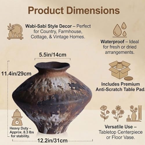 Wabi Sabi Rusty Vintage Vase, 11.4" Tall Wabi Sabi Decor Rustic Farmhouse Pottery Vase for Centerpiece, Textured Pottery Flower Vases for Home Decorative, Table, Living Room (Black Brown, Large) - Image 2