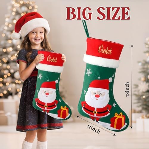 Personalized Christmas Stockings with Embroidered Name & Monogram,Custom Xmas Character Stocking with White Plush Cuff,18” Large Santa,Snowman,Reindeer,Dog,Cat Fireplace Stockings(4 Pack) - Image 3