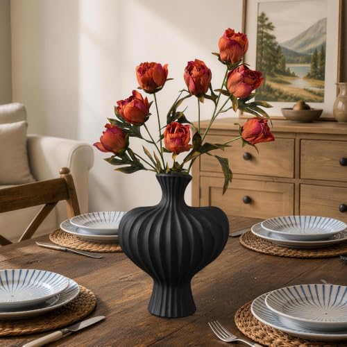 Ceramic Flower Vase Home Decor, 11 in Farmhouse Table Vases Rustic Vintage Living Room Kitchen Bedroom Decorations Pottery Decorative Vases for Flowers House Shelf Coffee Desk Dining Fireplace, Black - Image 4