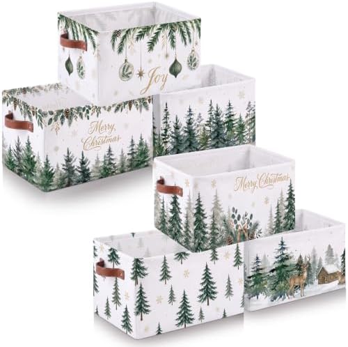6 Pcs Christmas Tree Storage Bins with Handles, Green Pine Gift Baskets by Acellegic