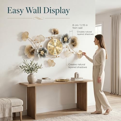 47" 3D Ginkgo Leaf Metal Wall Clock for Home Wall Decor - Image 3