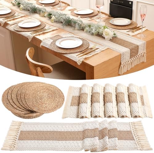 Boho Table Runner and Placemats Set, 6 Sets, Brown, 12x72 by Gandeer