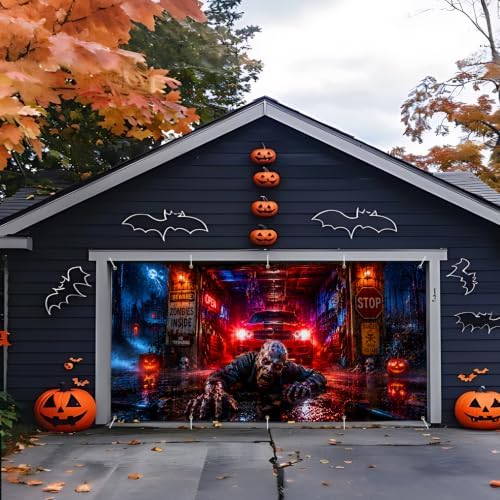 7x16ft Halloween Garage Door Banner Decorations, Scary Zombie Crawling Out of Garage Cover Background, Large Haunted House Backdrop with Beware Signs and Evil Pumpkins Outdoor Wall Party Supplies - Image 5
