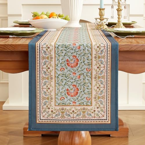 Laolitou Designer Blue Floral Linen Table Runner, Vintage Cottage Rustic Table Runners, Wrinkle Resistant Table Decoration for Kitchen Dining and Coffee Tables Banquet Christmas 13x90 Inches - Image 2