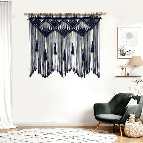Youngeast Large Macrame Wall Hanging Boho Woven Tapestry Bohemian Macrame Wall Decor Handmade Tassel Tapestry Home Decoration for Bedroom Living Room 39"X31" (Wood Dowels Not Included) (Navy) - Image 2