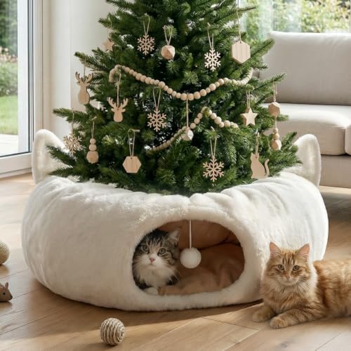 White Plush Cat Tunnel Christmas Tree Skirt, 2-in-1 Cat Donut Tunnel Bed by OurWarm
