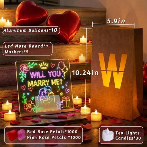 Will You Marry Me Proposal Decorations - Luminary Bags with LED Message Board & Stand, 5 Colored Pens, 30 Heart Tea Lights, 10 Heart Balloons and 2000 Rose Petals, Romantic Valentines Day Decor - Image 2
