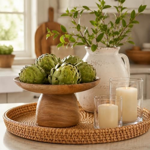 Braxio Faux Wood Decorative Bowl - Resin Pedestal Wood Grain Catchall Bowl for Entryway Keys, Coffee Table Decor, Living Room Centerpiece, Housewarming Gift 8.5 x 8.5 x 4.8 Inch - Image 4