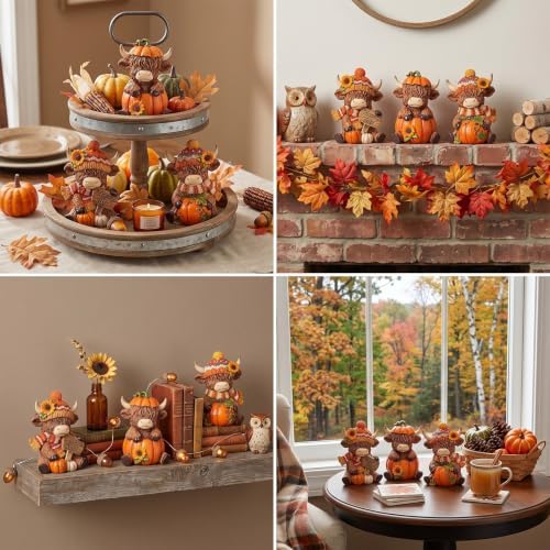 Simgoing 3 Pcs Happy Fall Highland Cow Figurines Pumpkin and Sunflower Cow - Image 6