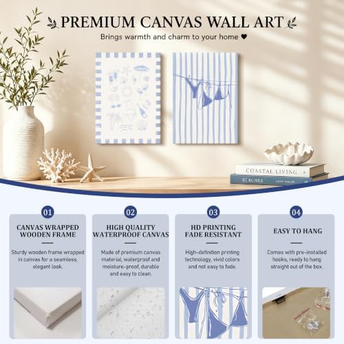 Trendy Coastal Canvas Wall Art Set of 2, Blue Bikini Granddaughter Room Wall Decor Paintings, Preppy Coastal Shell Girls Dorm Posters Prints Pictures for Living Room Bedroom 16x24 Inch Framed - Image 3