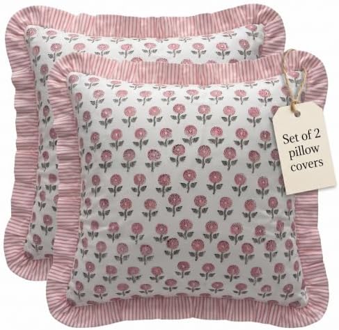 Set of 2 Pillow Covers with Ruffles 18"x18" Floral Pillow Covers Pink Farmhouse Pillow Covers for Girls Room Nursery Couch Throw Pillow Covers Boho Home Decorative Pillow for Spring by LineandLoop