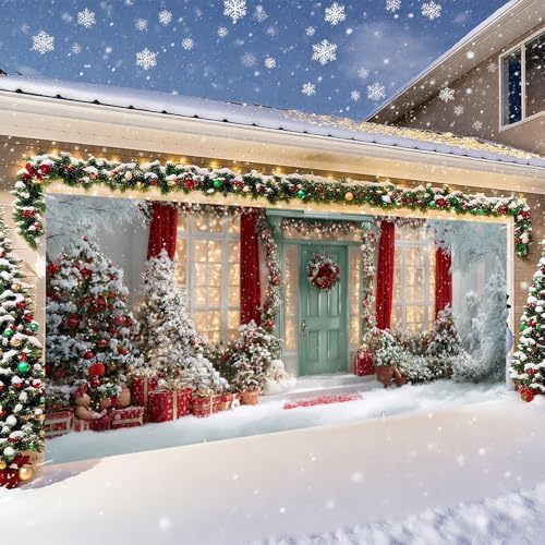 Christmas Garage Door Banner – Snowy Holiday Scene with Red Curtains, Decorated Trees & Gift Boxes – Outdoor Christmas Decoration - Image 6