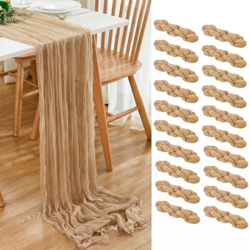 20 Pack Beige Cheesecloth Table Runner 17x108 Inch Boho Wrinkled Sheer Gauze Cheese Cloth Table Runner Bulk Decor for Wedding, Bridal Shower, Birthday Party by Dspoot