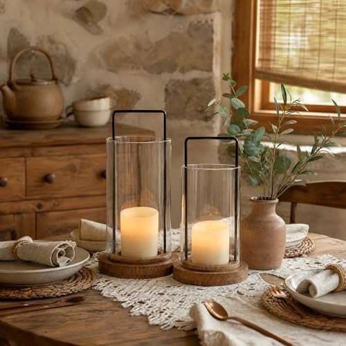 Farmhouse Hurricane Candle Holders Boho Pillar Candle Lantern Glass Wood - Image 3