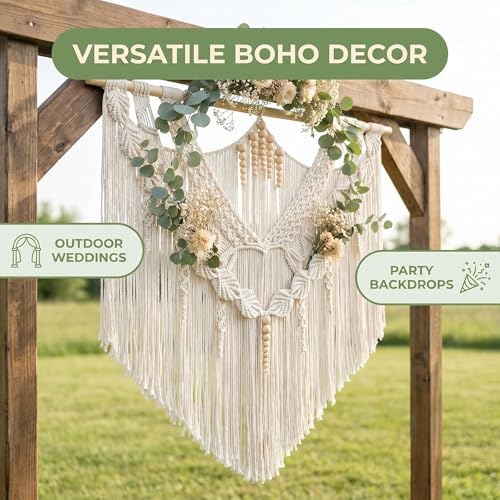 Large Macrame Wall Hanging 43"x32" - Handmade Woven Tapestry Boho Wall Decor for Bedroom Living Room Sofa Backdrop Natural Cotton Rope Long Fringe Tassel Bohemian Home Wall Art Decor with Wood Beads (Beige-B) - Image 7