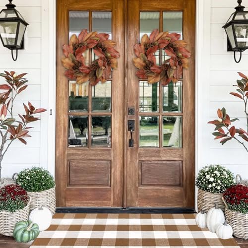 Briful 24 Inch Artificial Magnolia Leaves Wreath with Pinecones - Image 4
